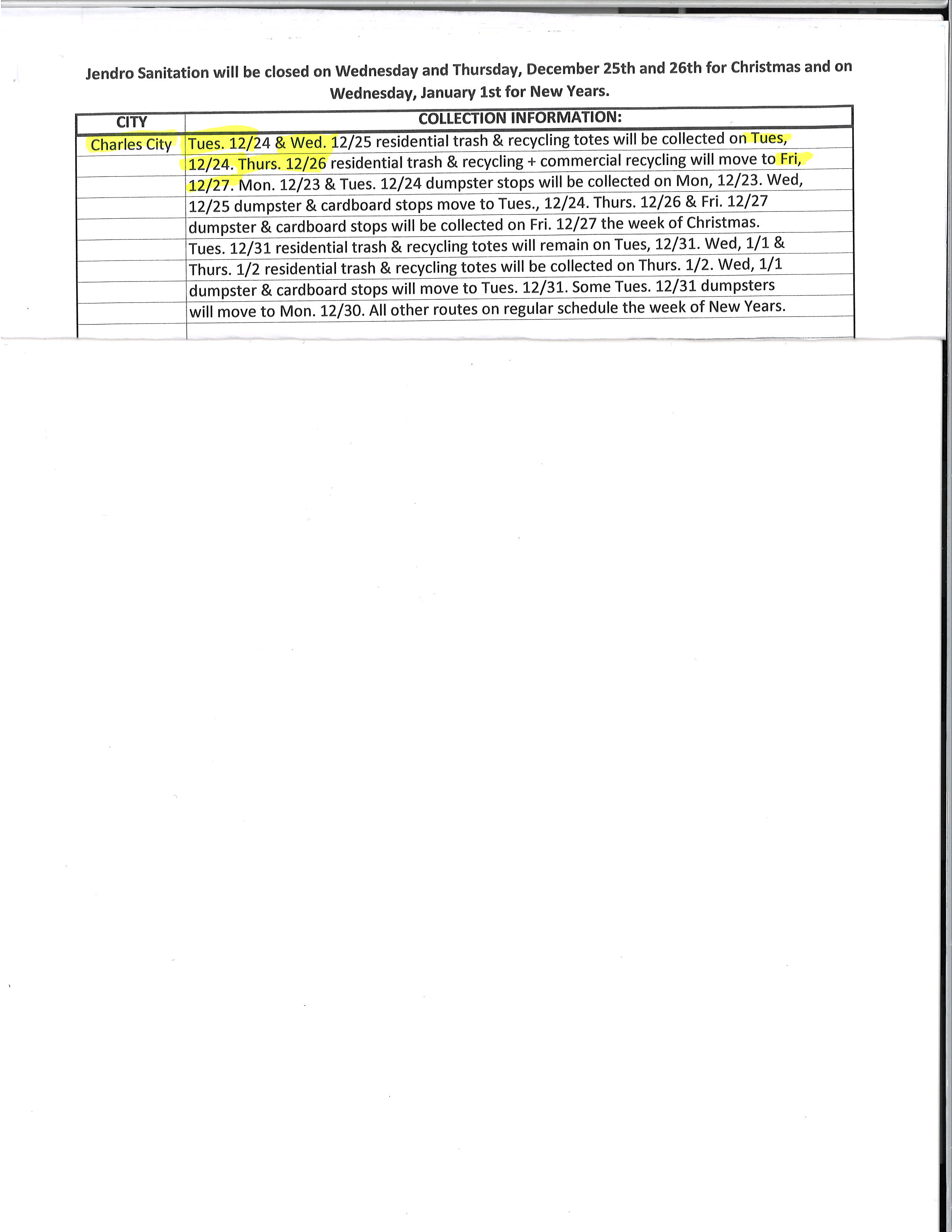 holiday garbage and recycling schedule