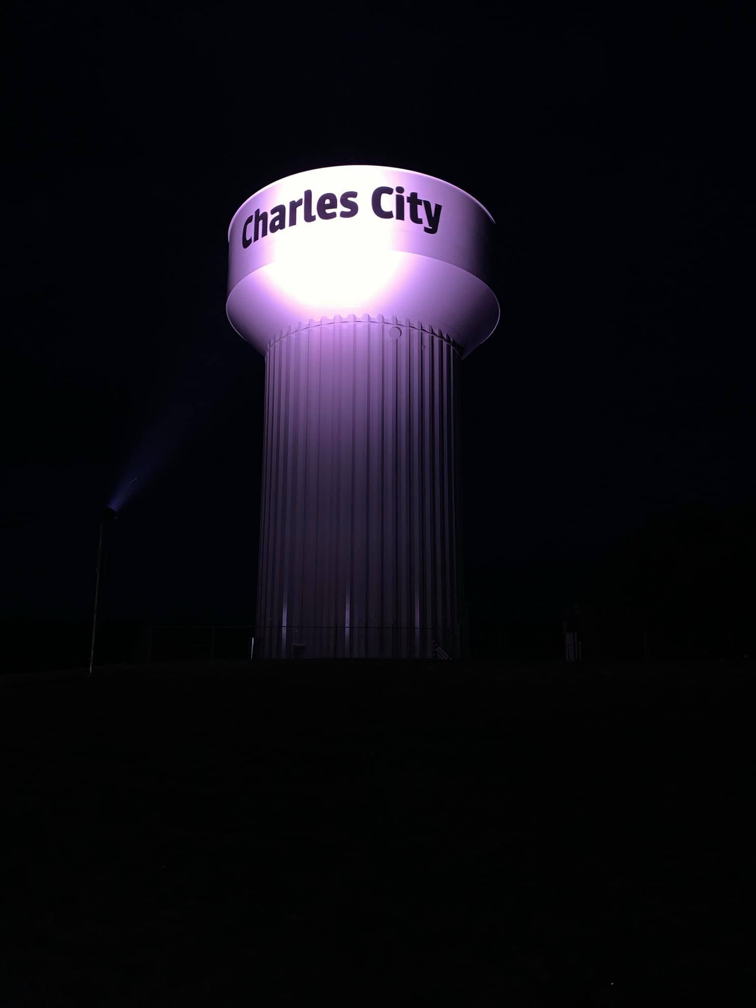 Water tower lit up